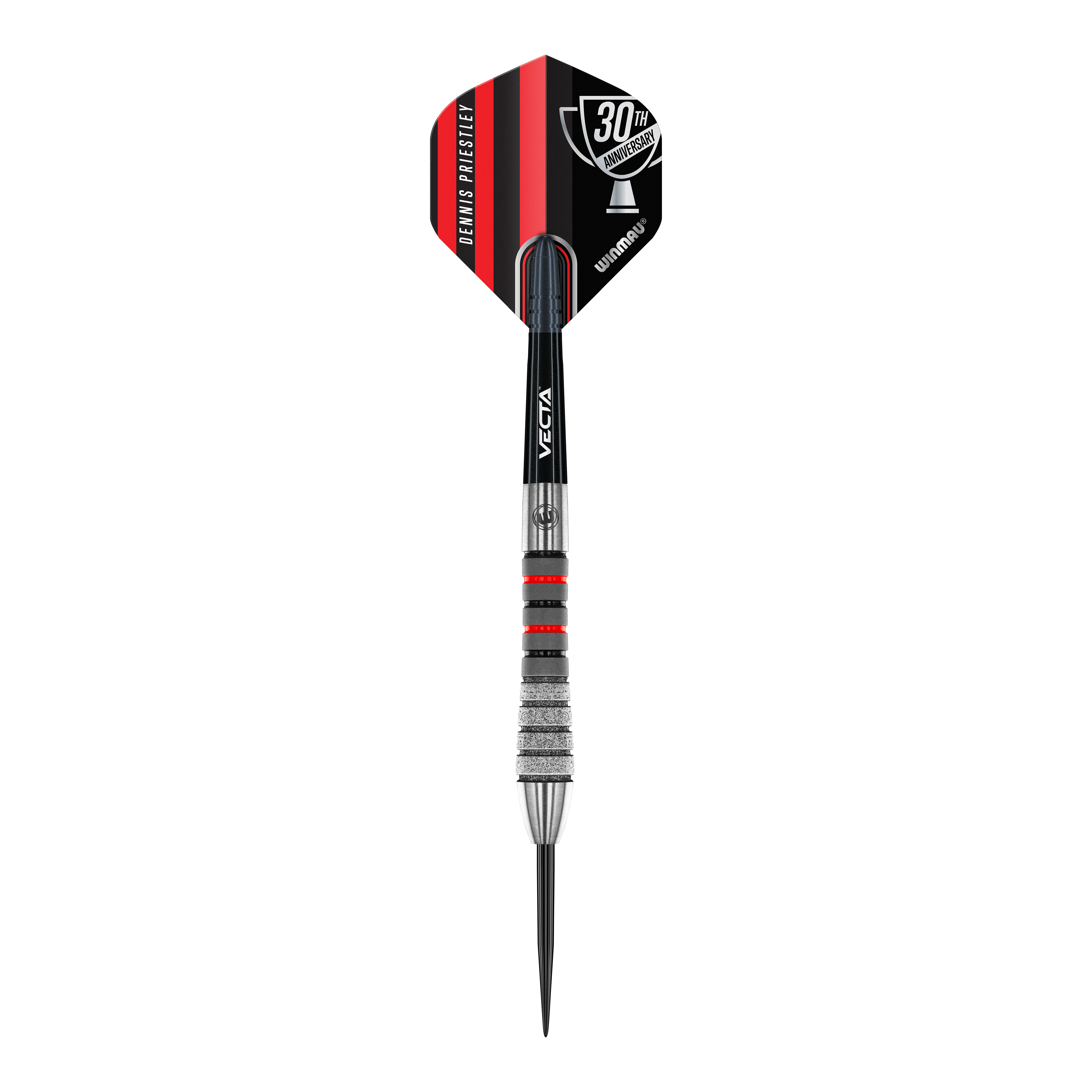 Winmau Dennis Priestley Diamond 3-Zero Steeldarts Das Bild zeigt einen Winmau Dennis Priestley Diamond 3-Zero Steeldart. Der Dartpfeil hat schwarze, silberne und rote Details sowie eine 30th Anniversary-Beschriftung auf dem Flight.