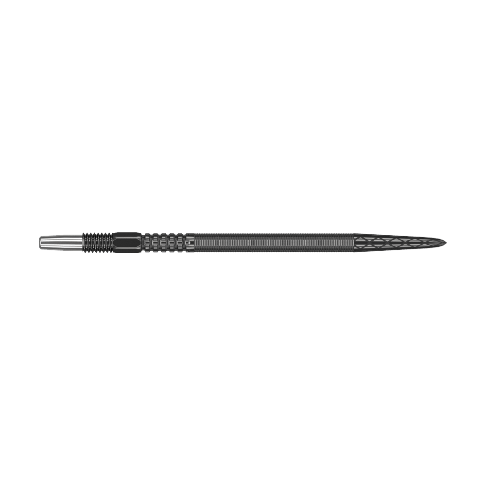 Target Swiss Point DX Dartspitzen - Black Das Bild zeigt eine schwarze Dartspitze mit strukturierter Oberfläche. Sie ist lang und schmal mit einem metallischen Ansatz am Ende.