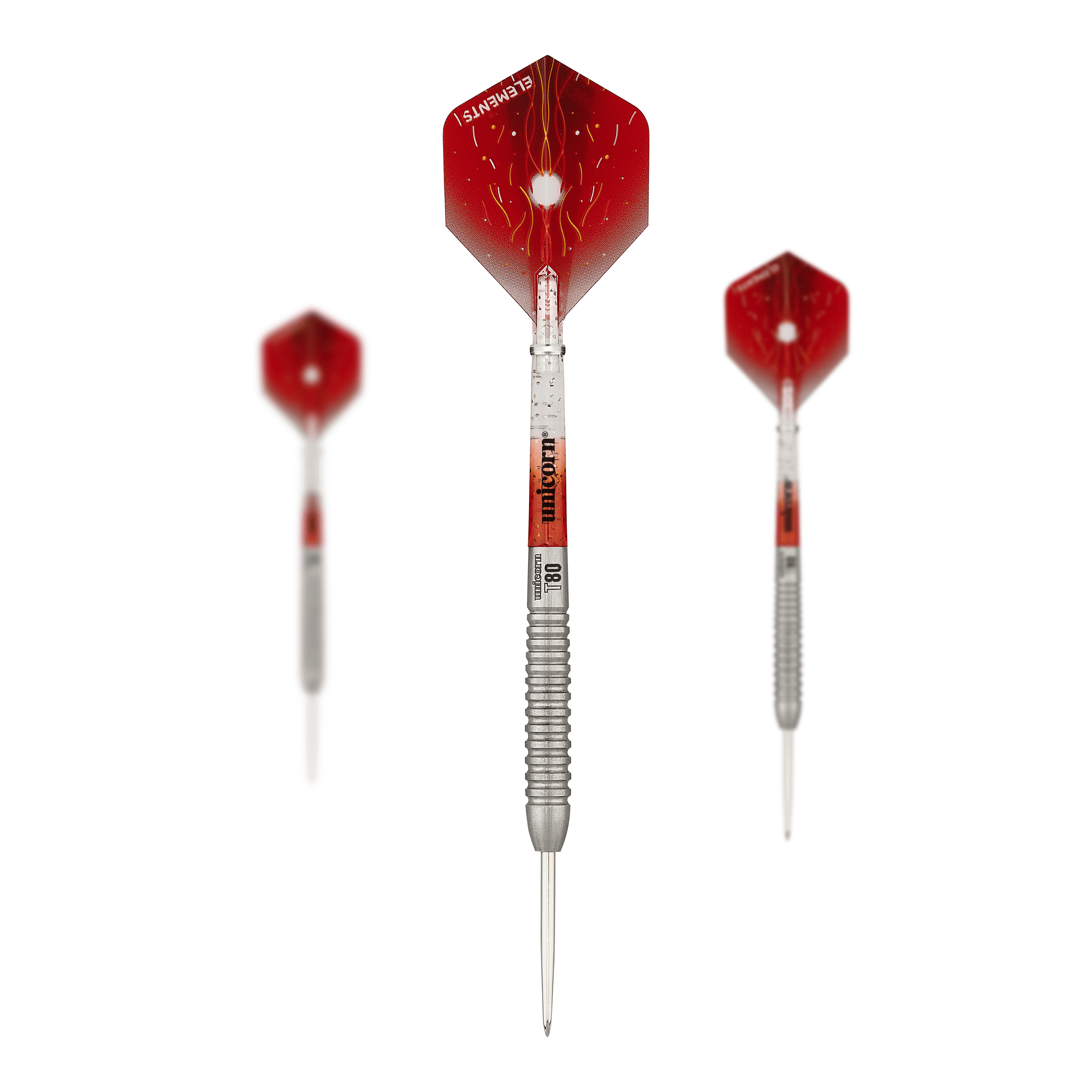 Unicorn Core XL Striker Style 5 Steeldarts Das Bild zeigt drei Steeldarts des Produkts "Unicorn Core XL Striker Style 5". Die Darts haben rote Flights und einen silbernen, geriffelten Schaft.