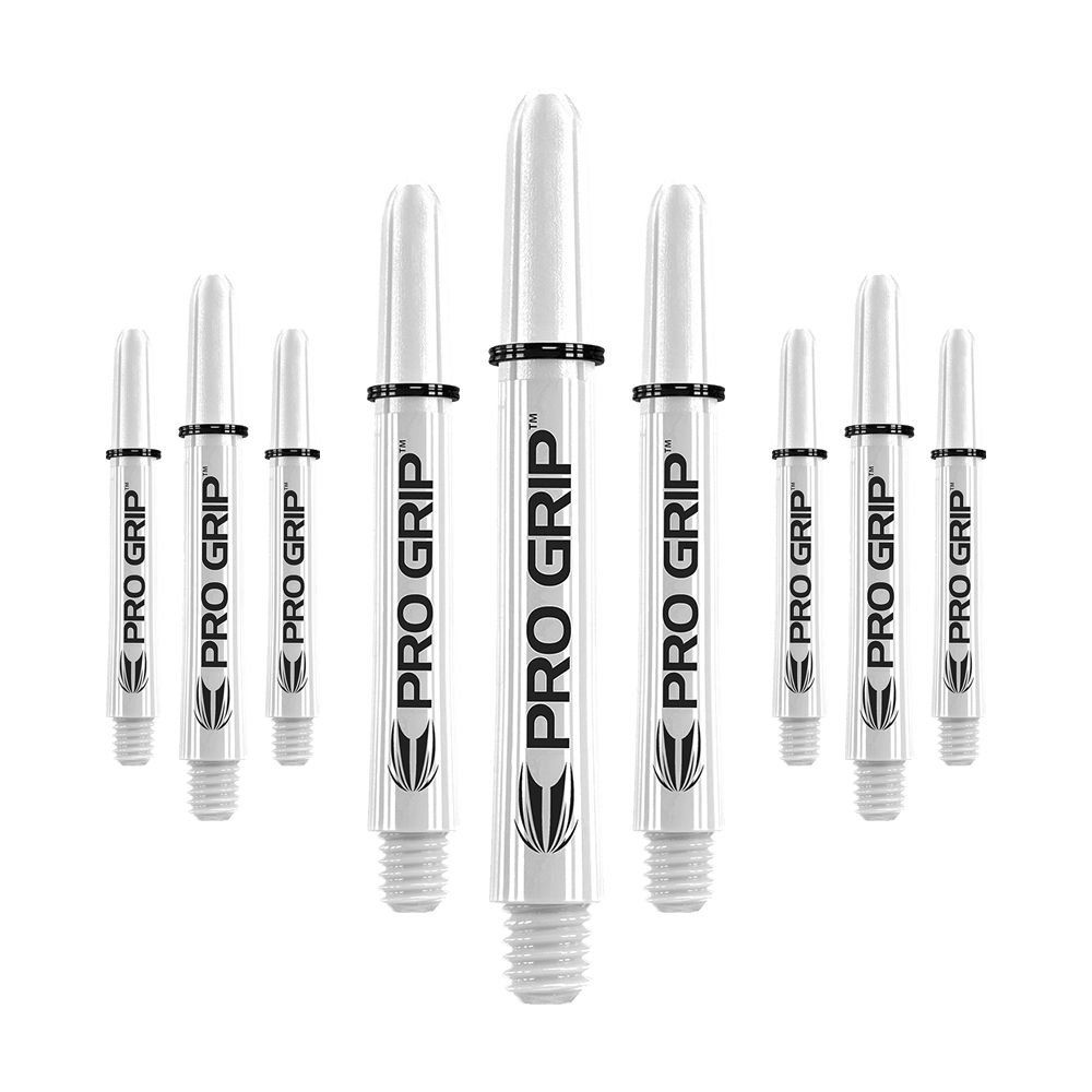 Target Pro Grip Shafts - 3 Sets - Weiß Das Bild zeigt neun weiße Dartschäfte mit der Aufschrift "PRO GRIP". Sie sind in drei Reihen angeordnet, wobei die mittleren Schäfte am größten sind.
