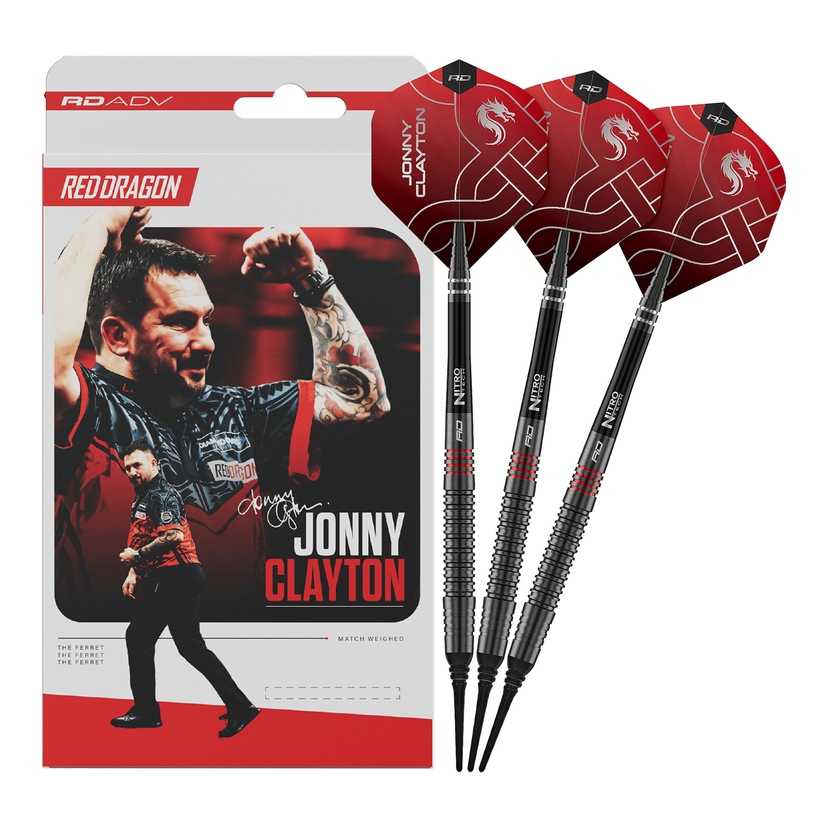Red Dragon Jonny Clayton RD-ADV Softdarts - 18g Das Foto zeigt die Red Dragon Jonny Clayton RD-ADV Softdarts - 18g. Die volle Länge des Darts ist abgebildet.