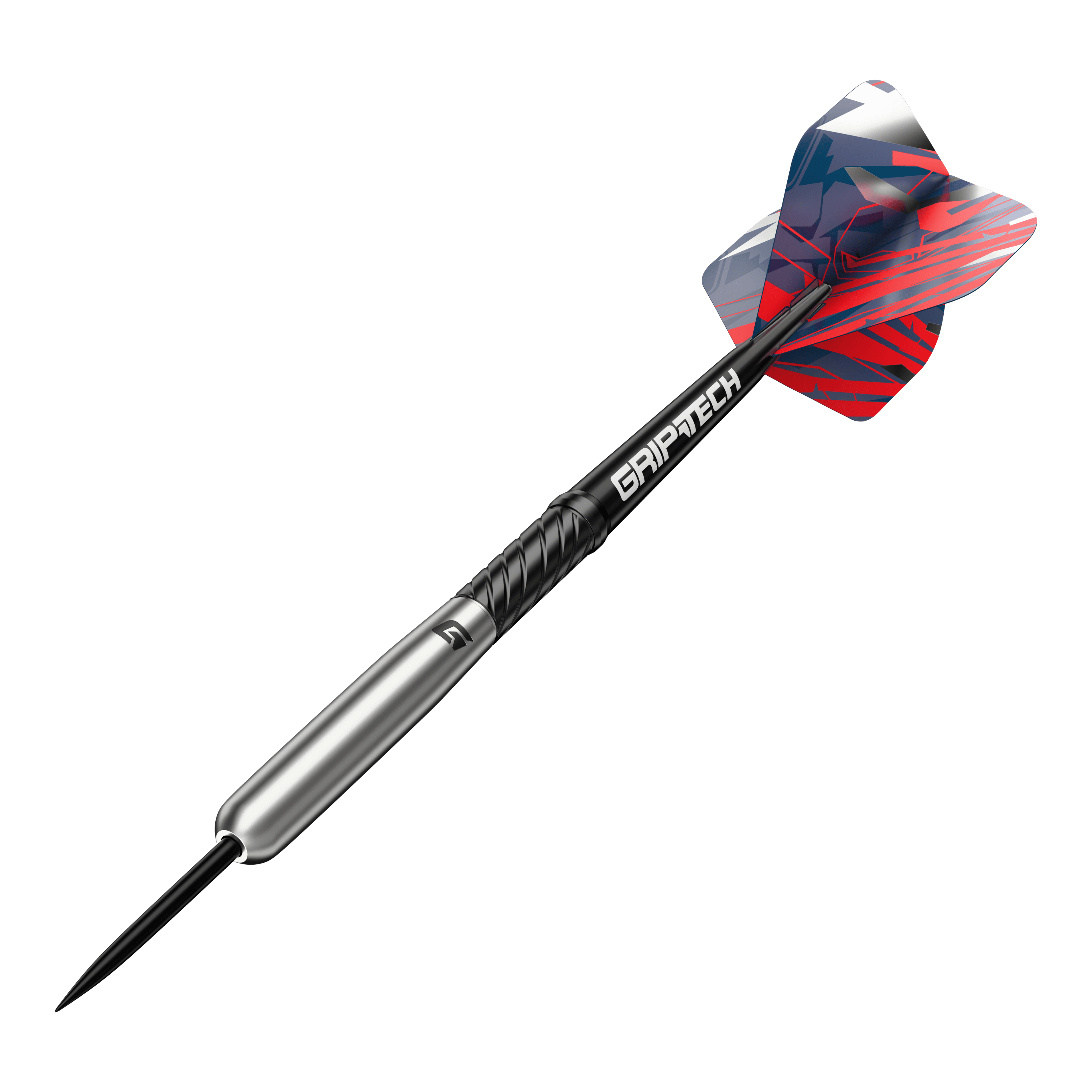 Das Bild zeigt einen GOAT Homerun Baseball Tungsten Steeldart mit farbigem Flight und schwarzem Schaft. Der Dart hat einen silbernen Körper und trägt die Aufschrift "GRIPTECH".