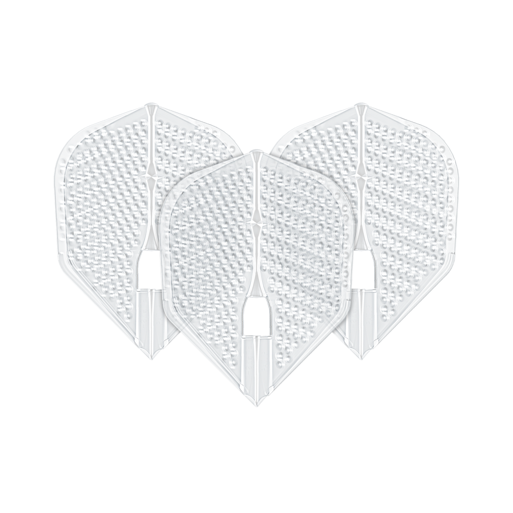 Das Bild zeigt drei transparente Darts-Flights in L3PRO Form mit Dimple-Oberfläche. Es handelt sich um das Produkt "L-Style Flights Dimple Champagne L3PRO Shape".