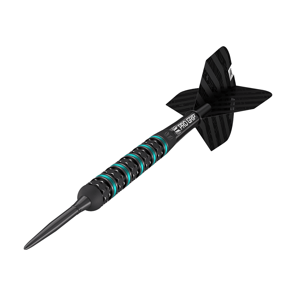 Das Bild zeigt einen Target Rob Cross Black Edition Swiss Point Steeldart. Der Dart ist schwarz mit blauen Akzenten und hat eine strukturierte Griffzone für besseren Halt.