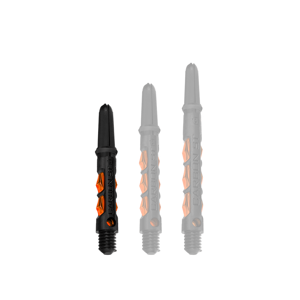 HR428_Harrows_Carbon_ST_Shafts_Orange_33mm_1xDkpRbsE5iejP Das Bild zeigt drei orange-schwarze Dartschäfte der Marke "Harrows Carbon ST". Die Schäfte sind in unterschiedlichen Längen angeordnet.