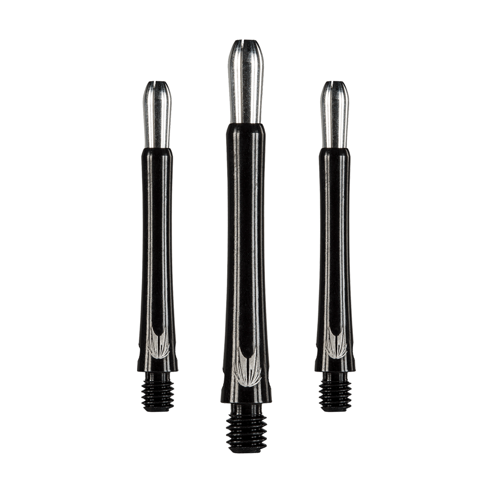 146220_Target_Grip_Style_Aluminium_Shafts_Schwarz_408mm_1 Das Bild zeigt drei schwarze Aluminium-Dartschäfte mit silbernen Details. Sie stehen aufrecht nebeneinander und haben ein modernes, schlankes Design.