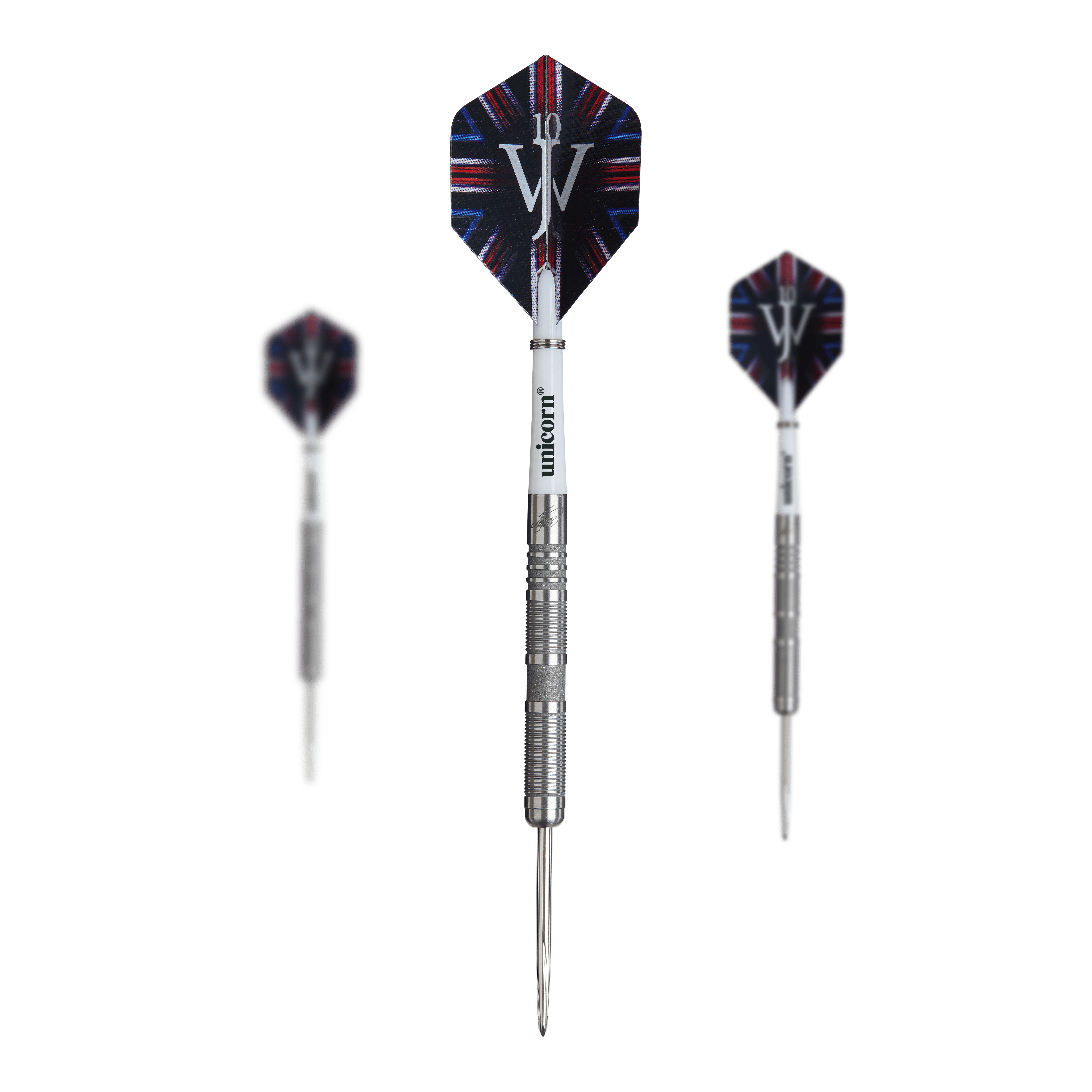 Das Bild zeigt drei Steeldarts aus der "Unicorn James Wade The Machine Range Phase 4" Serie. Die Darts haben silberne Spitzen und auffällige Flights mit einem weißen "JW"-Logo.