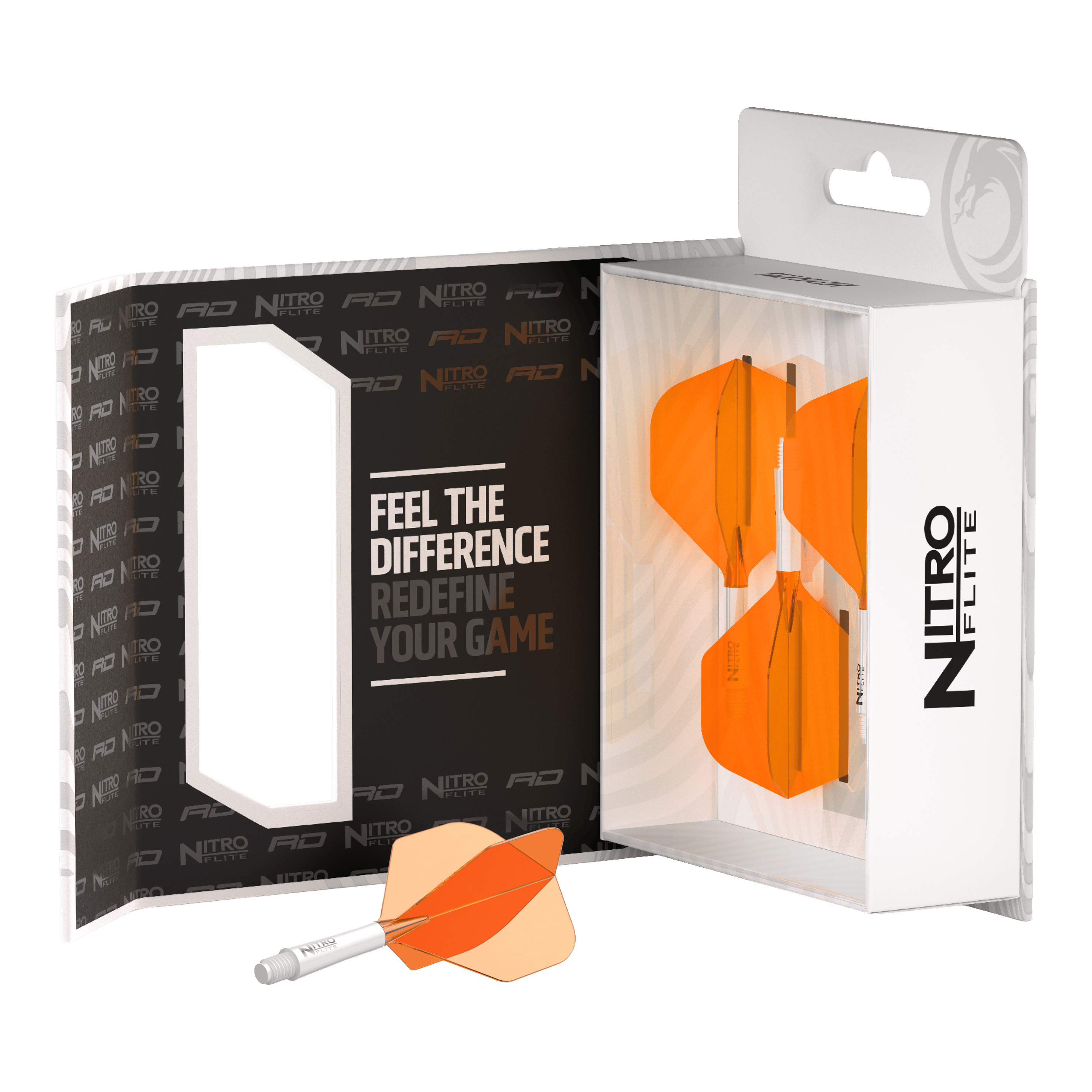 Abgebildet ist der Red Dragon Nitroflite White Shaft Orange Flights No2. Der Dart-Schaft ist weiß und die Flights sind orange.