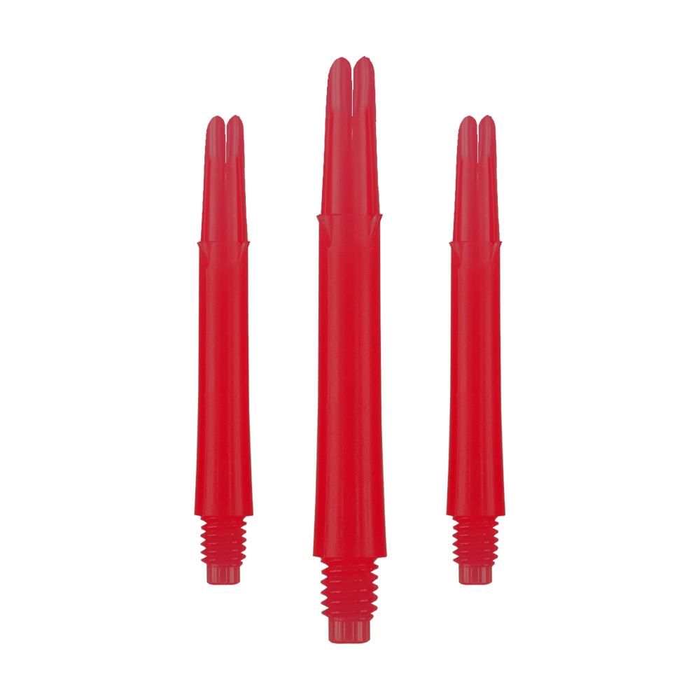 L-Style L-Shafts Locked Straight - Red 260 Auf dem Bild sind drei gerade, rote Dartschäfte aus Kunststoff zu sehen. Sie haben Gewinde am unteren Ende und sind ohne Kappen dargestellt.