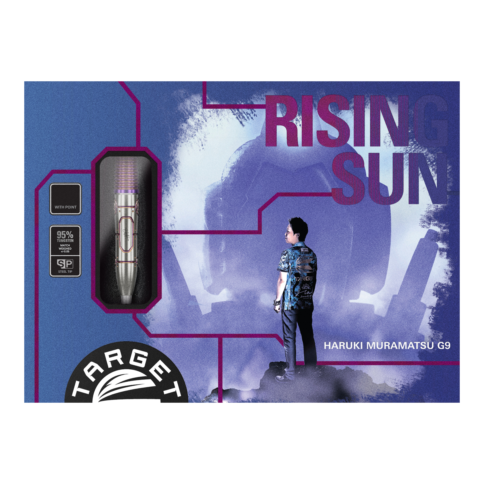 Target Japan Haruki Muramatsu Rising Sun GEN9 Steeldarts - 23g Die Abbildung zeigt die Verpackung der "Target Japan Haruki Muramatsu Rising Sun GEN9 Steeldarts - 23g". Auf der Packung sind ein Dartpfeil, das Logo von Target und ein Mann im Profil sowie der Schriftzug "Rising Sun" zu sehen.
