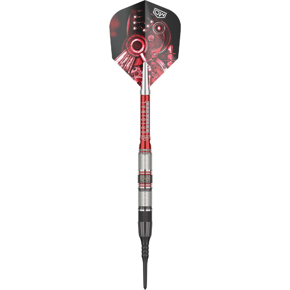 DW Piranha Razor 02 Softdarts Das Bild zeigt den Softdart "DW Piranha Razor 02". Der Dart hat ein silber-rotes Barrel und auffällige Flights mit einem Zahnrad-Design.