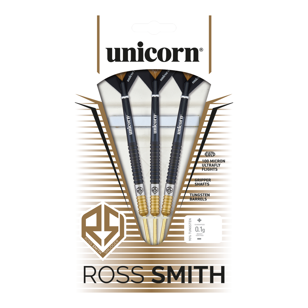 Unicorn Ross Smith Two-Tone Steeldarts Das Bild zeigt die Unicorn Ross Smith Two-Tone Steeldarts in ihrer Verpackung. Die Verpackung hebt die Eigenschaften wie Gripper Shafts, 100 Micron Ultrafly Flights und Tungsten Barrels hervor.