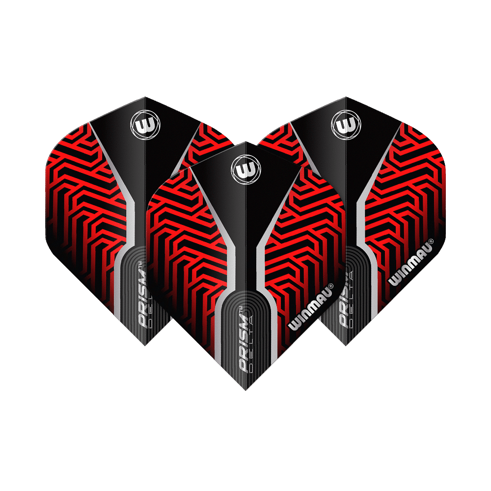 Das Bild zeigt drei Winmau Prism Delta Kairos No2 Standard Flights in Rot. Die Flights haben ein auffälliges rotes und schwarzes Muster mit weißen Akzenten.