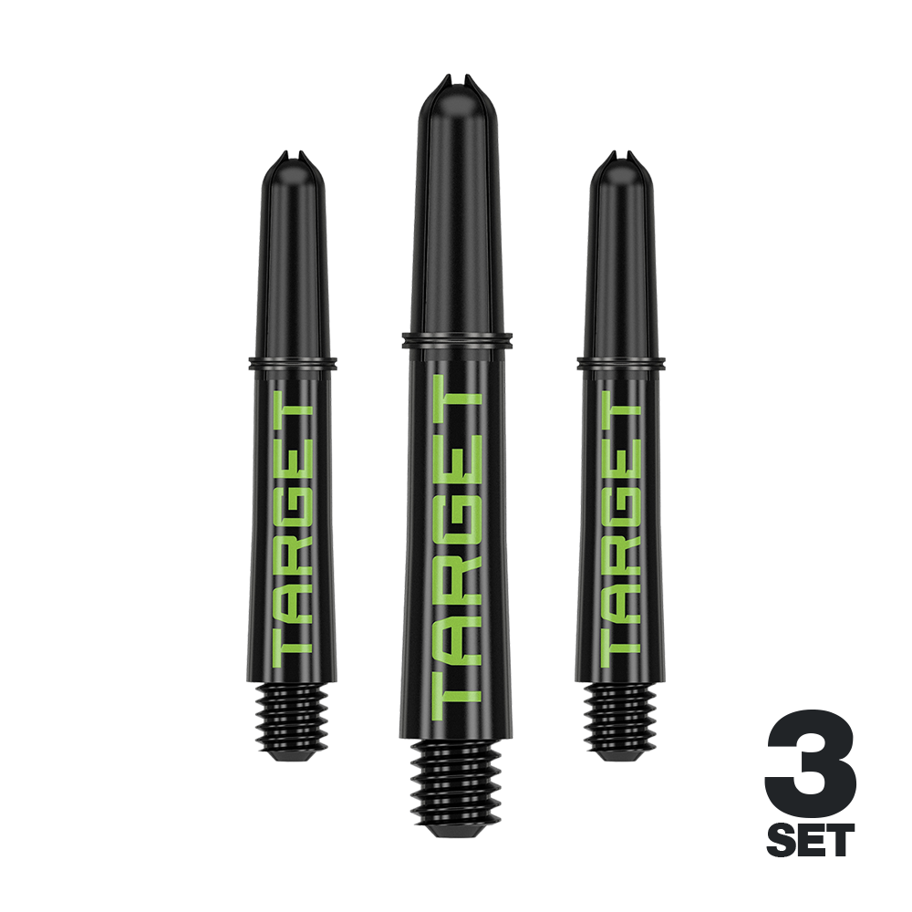 Target Pro Grip TAG Shafts - 3 Sets - Schwarz Grün Auf dem Bild sind drei schwarze Dartschäfte mit grünem "TARGET"-Schriftzug zu sehen. Unten rechts steht "3 SET", was darauf hinweist, dass es sich um ein Set aus drei Stück handelt.