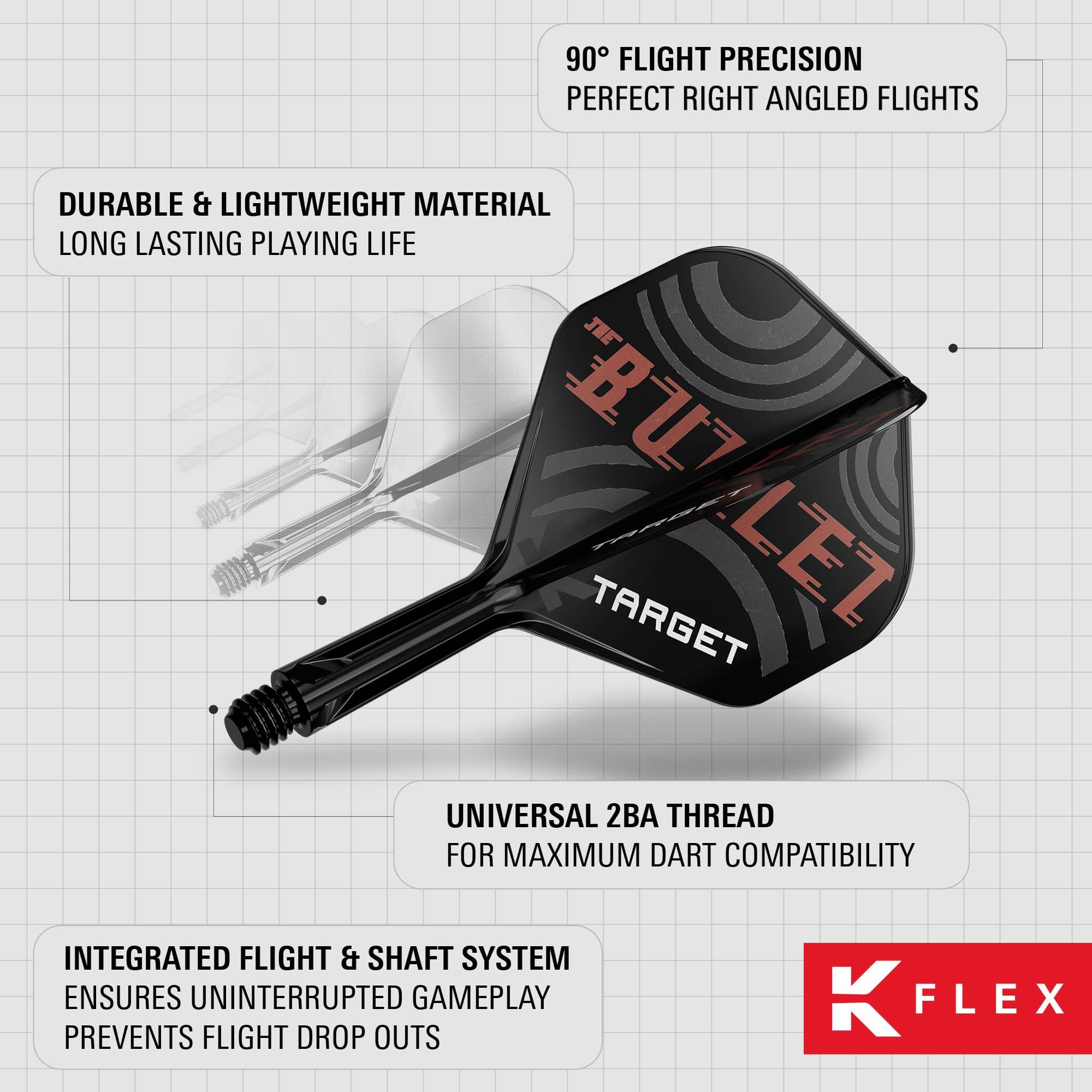 Das Bild zeigt die Target K-Flex Stephen Bunting No2 Standard Flights mit integriertem Flight- und Shaft-System. Sie bestehen aus langlebigem, leichtem Material und bieten eine präzise 90° Flugposition.