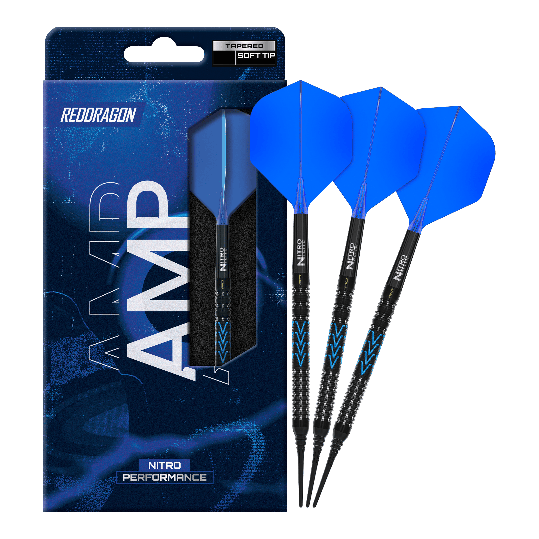 Zu sehen sind Red Dragon Amp Tapered Softdarts mit 20g Gewicht. Diese Darts sind besonders für präzises Werfen geeignet.