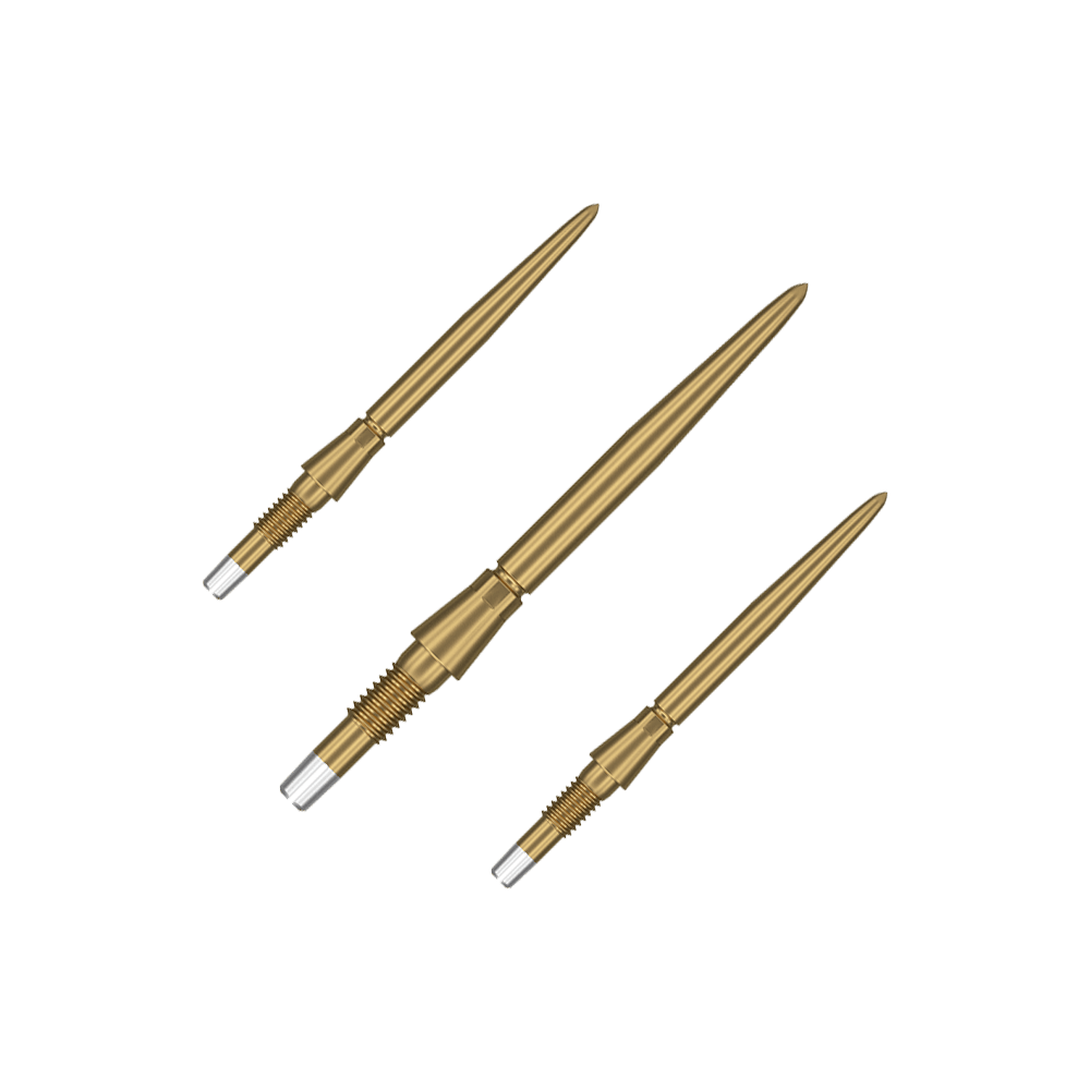 Target Swiss Storm Point Dartspitzen - Gold Das Bild zeigt drei goldene Dartspitzen, die nebeneinander angeordnet sind. Sie haben ein schlankes, spitzes Design mit einem silbernen Schraubgewinde am Ende.