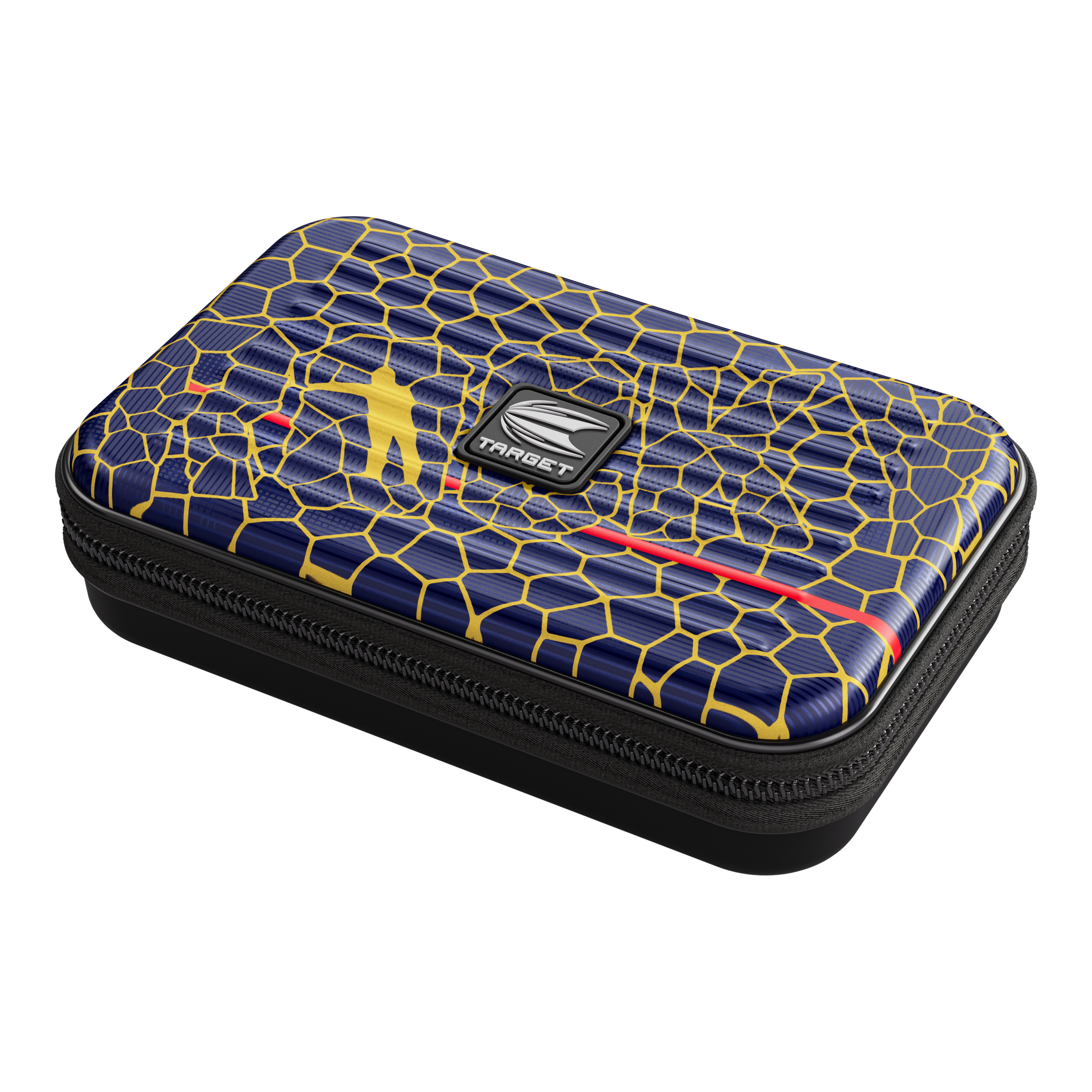 Target Takoma Josh Rock XL Dartcase Das Bild zeigt das Produkt "Target Takoma Josh Rock XL Dartcase". Das Dartcase hat ein blaues Design mit gelben Linien und einem roten Streifen sowie ein zentrales "Target"-Logo.