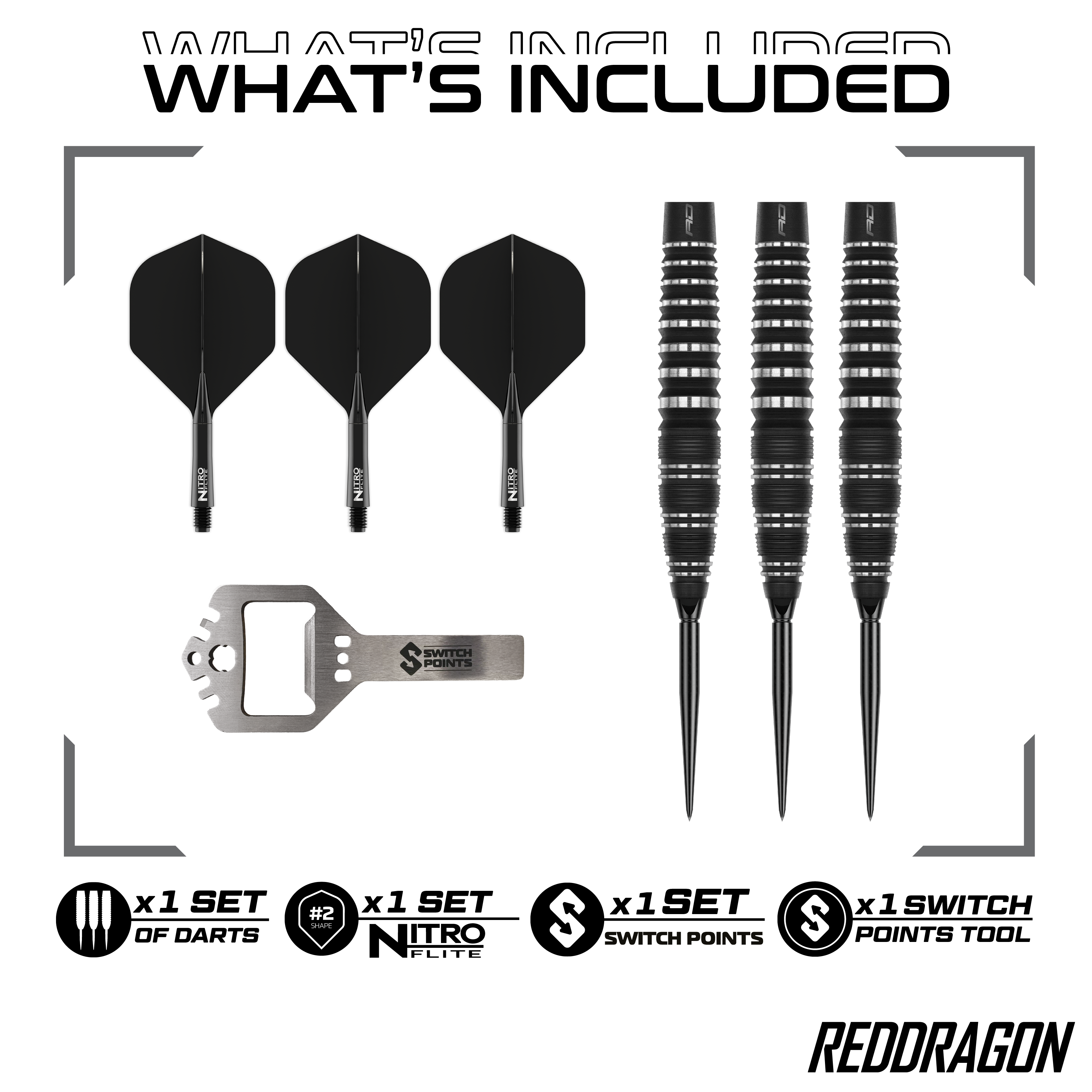Das Bild zeigt die Red Dragon Sable Bomb Switch Point Steeldarts. Die Darts haben ein markantes Design und sind speziell für das Steeldartspiel entwickelt.
