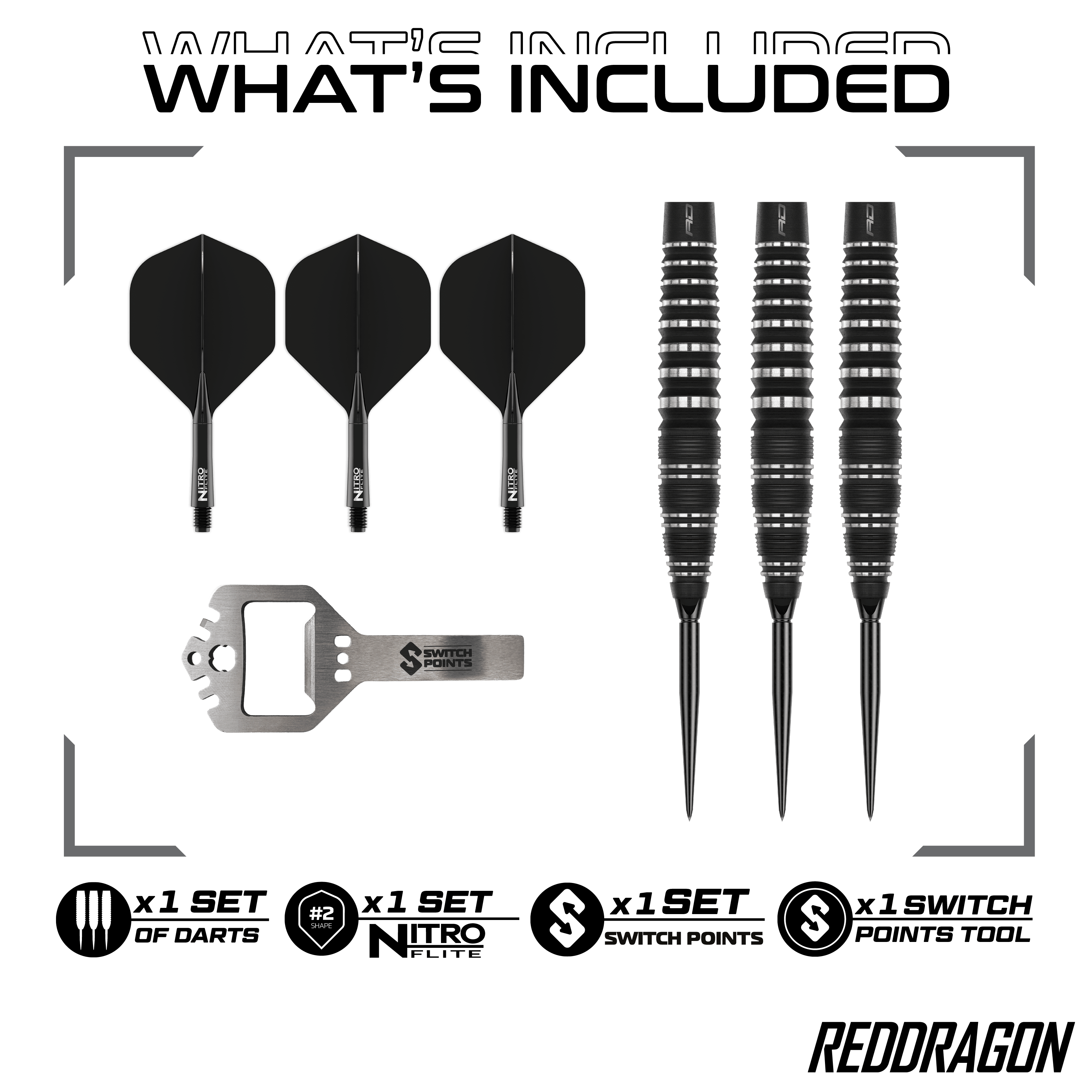 Red Dragon Sable Bomb Switch Point Steeldarts Das Bild zeigt die Red Dragon Sable Bomb Switch Point Steeldarts. Die Darts haben ein markantes Design und sind speziell für das Steeldartspiel entwickelt.