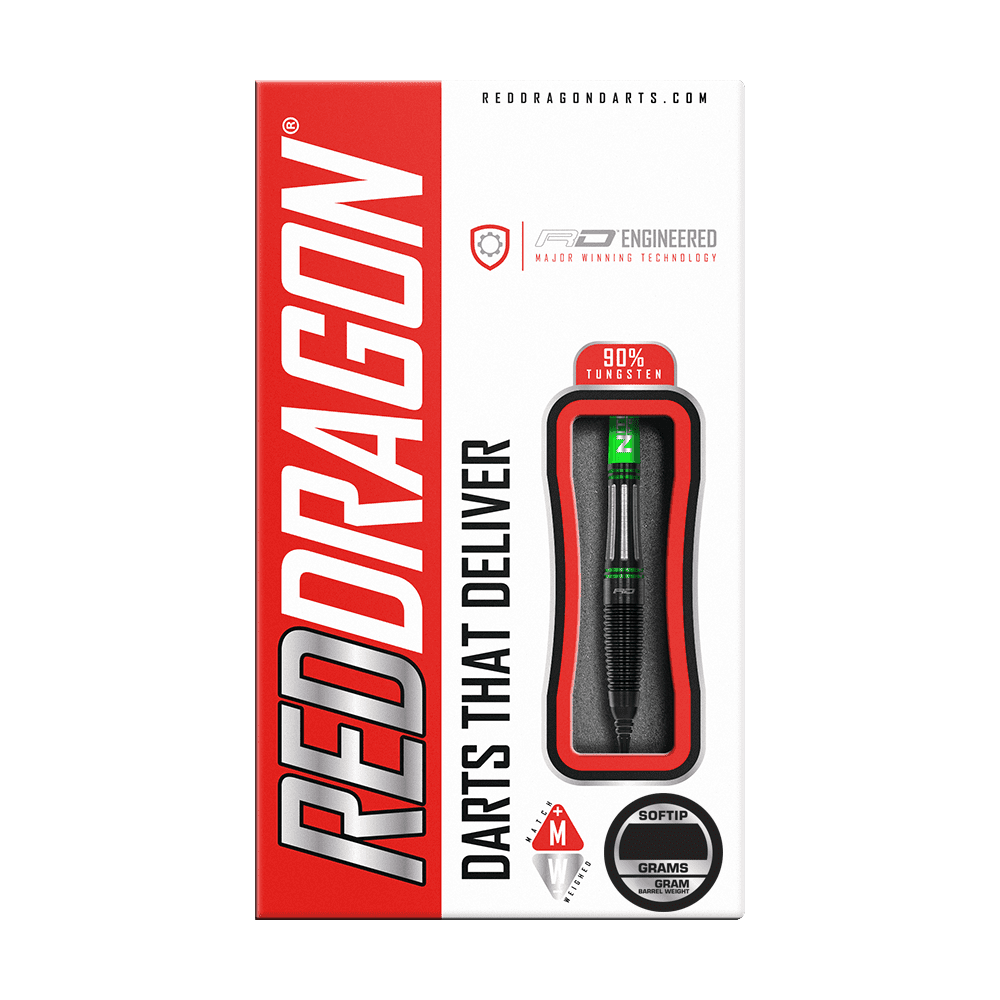 Die Abbildung zeigt die Verpackung der "Red Dragon Slipstream Softdarts - 20g". Auf der Verpackung steht deutlich der Markenname Red Dragon, und das Dart besteht zu 90% aus Tungsten.