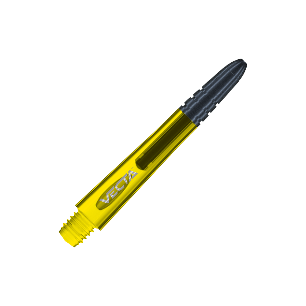 7025-406_Winmau_Vecta_Shafts_Gelb_37mm_2 Das Bild zeigt einen Winmau Vecta Shaft in Gelb. Der Schaft hat ein modernes Design mit glänzender Oberfläche und dem Schriftzug "VECTA" darauf.