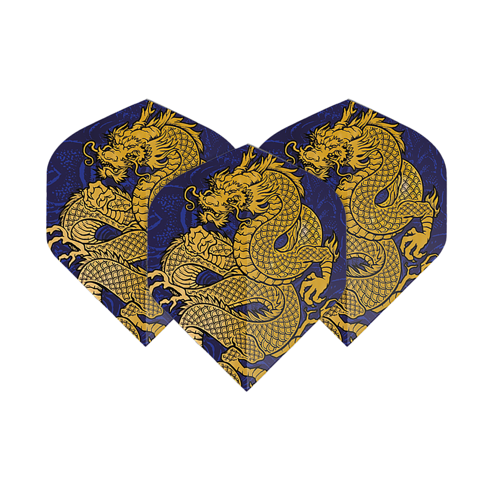 Pentathlon Flights Dragon blau Auf dem Bild sind drei Dartflights mit einem auffälligen goldenen Drachendesign auf dunkelblauem Hintergrund zu sehen. Es handelt sich um die "Pentathlon Dragon 4 Standard Flights".