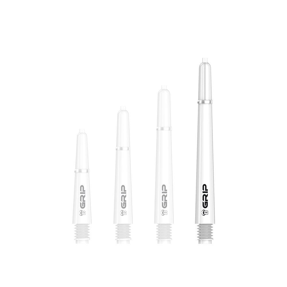 Das Bild zeigt vier weiße Dartschäfte des Modells "Bulls B-Grip-2 SL". Sie sind in unterschiedlichen Längen angeordnet und tragen den Aufdruck "GRIP".