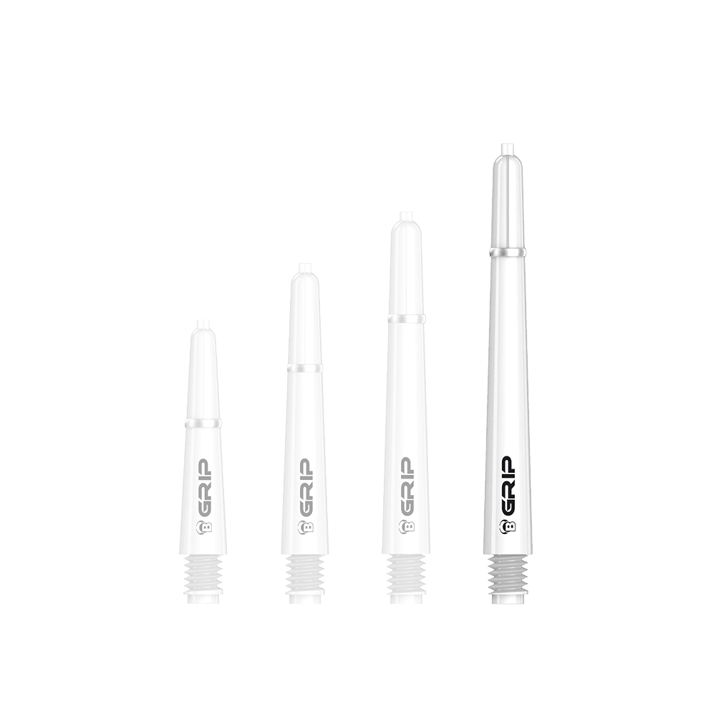 BS55059_Bulls_B-Grip-2_SL_Shafts_Weiss_48mm_1k5SyORvGaTRPf Das Bild zeigt vier weiße Dartschäfte des Modells "Bulls B-Grip-2 SL". Sie sind in unterschiedlichen Längen angeordnet und tragen den Aufdruck "GRIP".