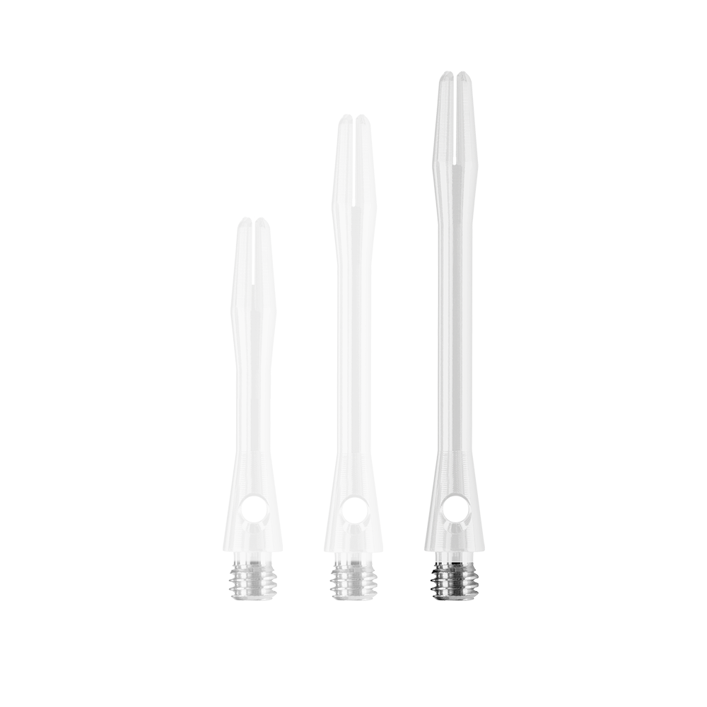 Das Bild zeigt drei weiße Harrows Keramic Shafts in verschiedenen Längen. Sie sind aus durchsichtigem Material gefertigt und haben ein Gewinde aus Metall am unteren Ende.