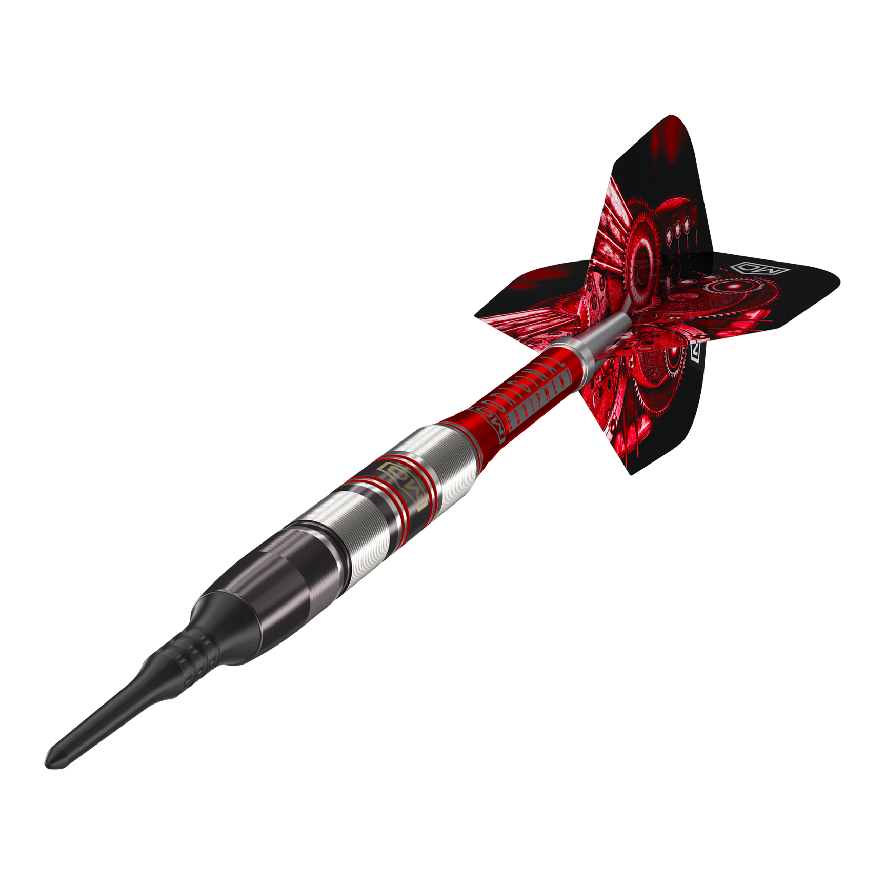 DW Piranha Razor 02 Softdarts Das Bild zeigt den DW Piranha Razor 02 Softdart. Der Dart hat ein modernes Design mit roten und silbernen Akzenten.