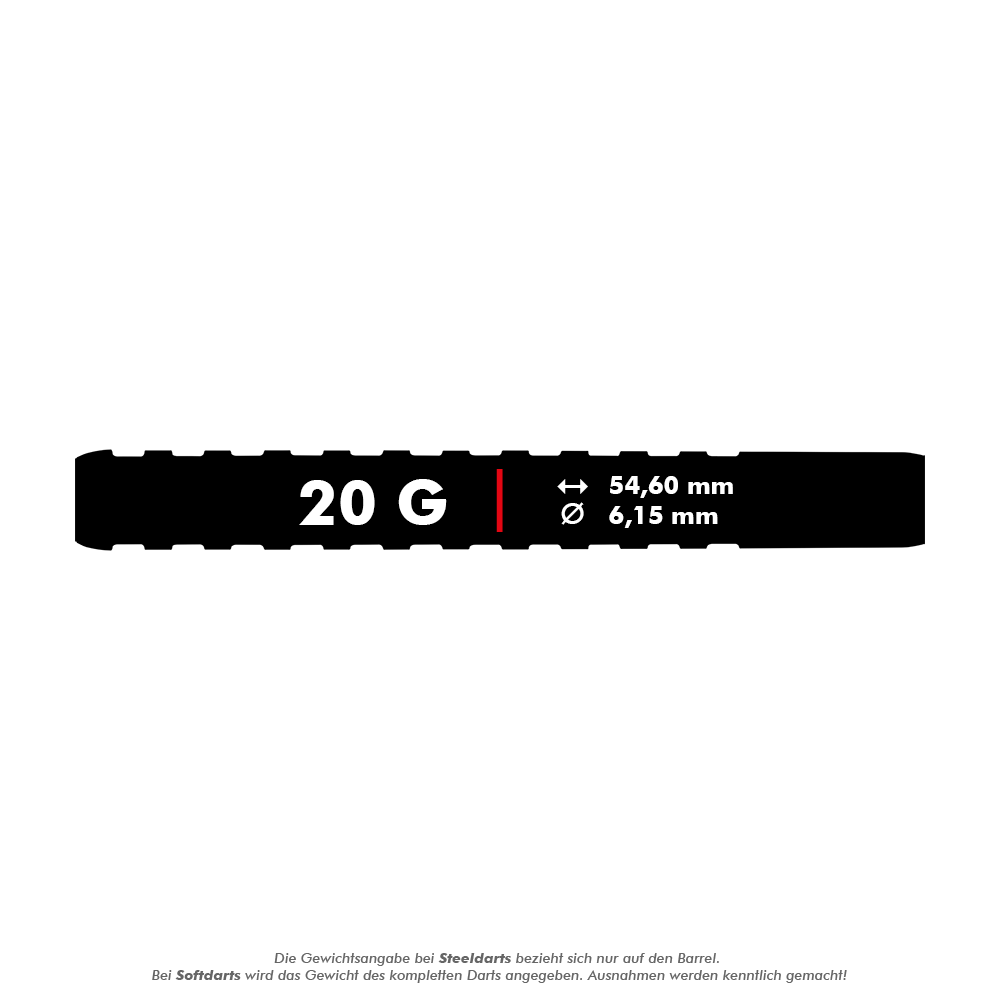 RD2517_Red_Dragon_Javelin_Spectron_Softdarts_5_20g Das Bild zeigt die Maße und das Gewicht des Produkts "Red Dragon Javelin Spectron Softdarts - 20g". Der Dart wiegt 20 Gramm, ist 54,60 mm lang und hat einen Durchmesser von 6,15 mm.