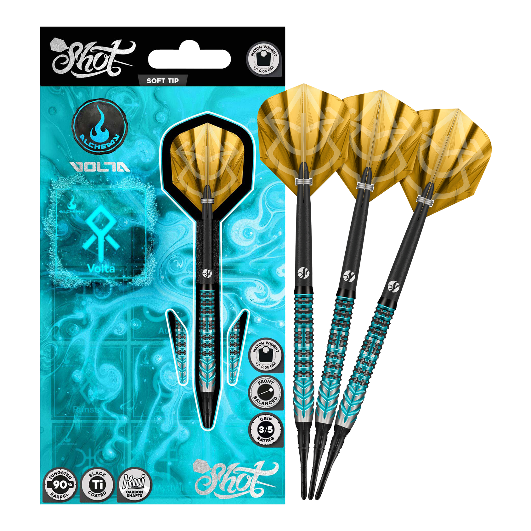 Auf dem Bild sind die Shot Alchemy Volta Softdarts - 20g zu sehen. Die Softdarts sind vollständig abgebildet.
