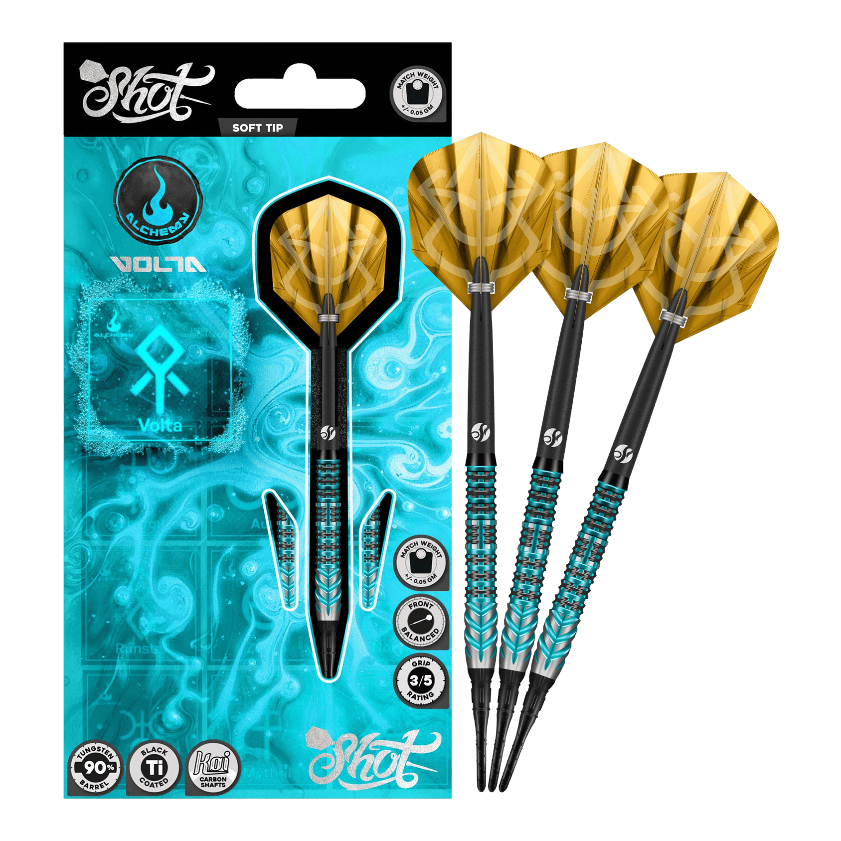 Shot Alchemy Volta Softdarts - 20g Auf dem Bild sind die Shot Alchemy Volta Softdarts - 20g zu sehen. Die Softdarts sind vollständig abgebildet.