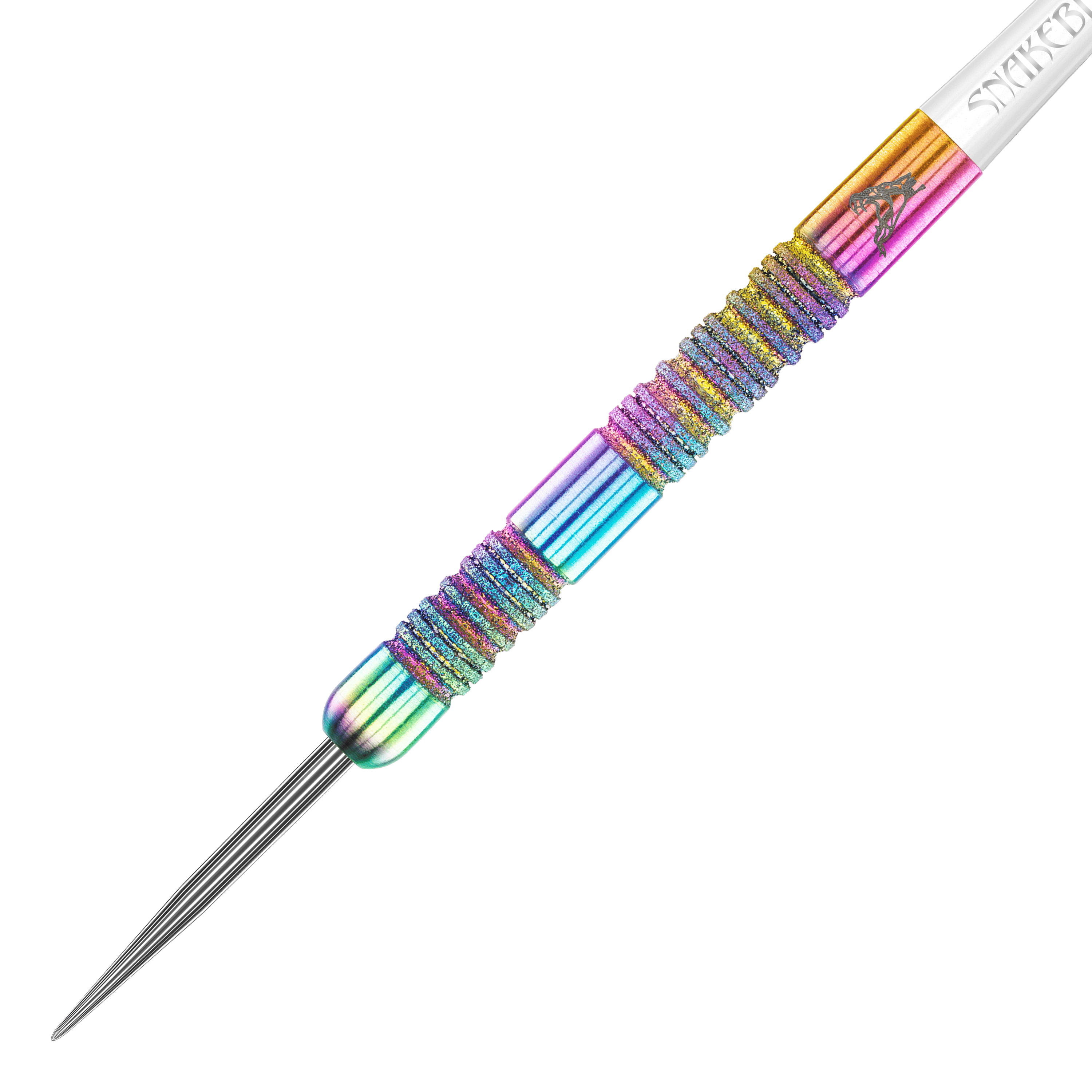 Das Bild zeigt einen bunten Steeldart namens "Red Dragon Peter Wright Diamond Fusion Spectron SE". Der Dart hat einen auffälligen, mehrfarbigen Schaft mit feiner Griffstruktur.