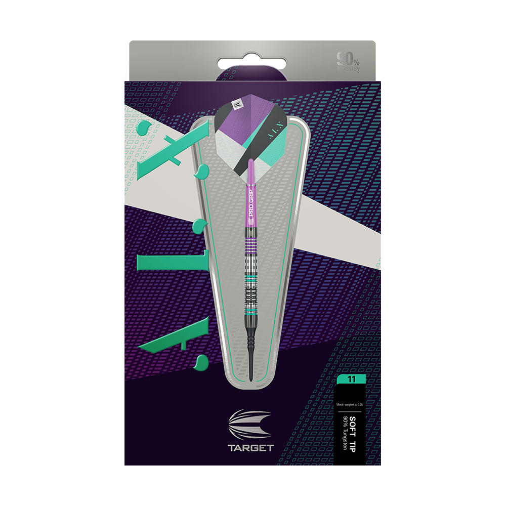 Das Bild zeigt die Verpackung der Target ALX 11 Softdarts. Die Darts haben ein modernes, farbenfrohes Design in Lila, Türkis und Schwarz.