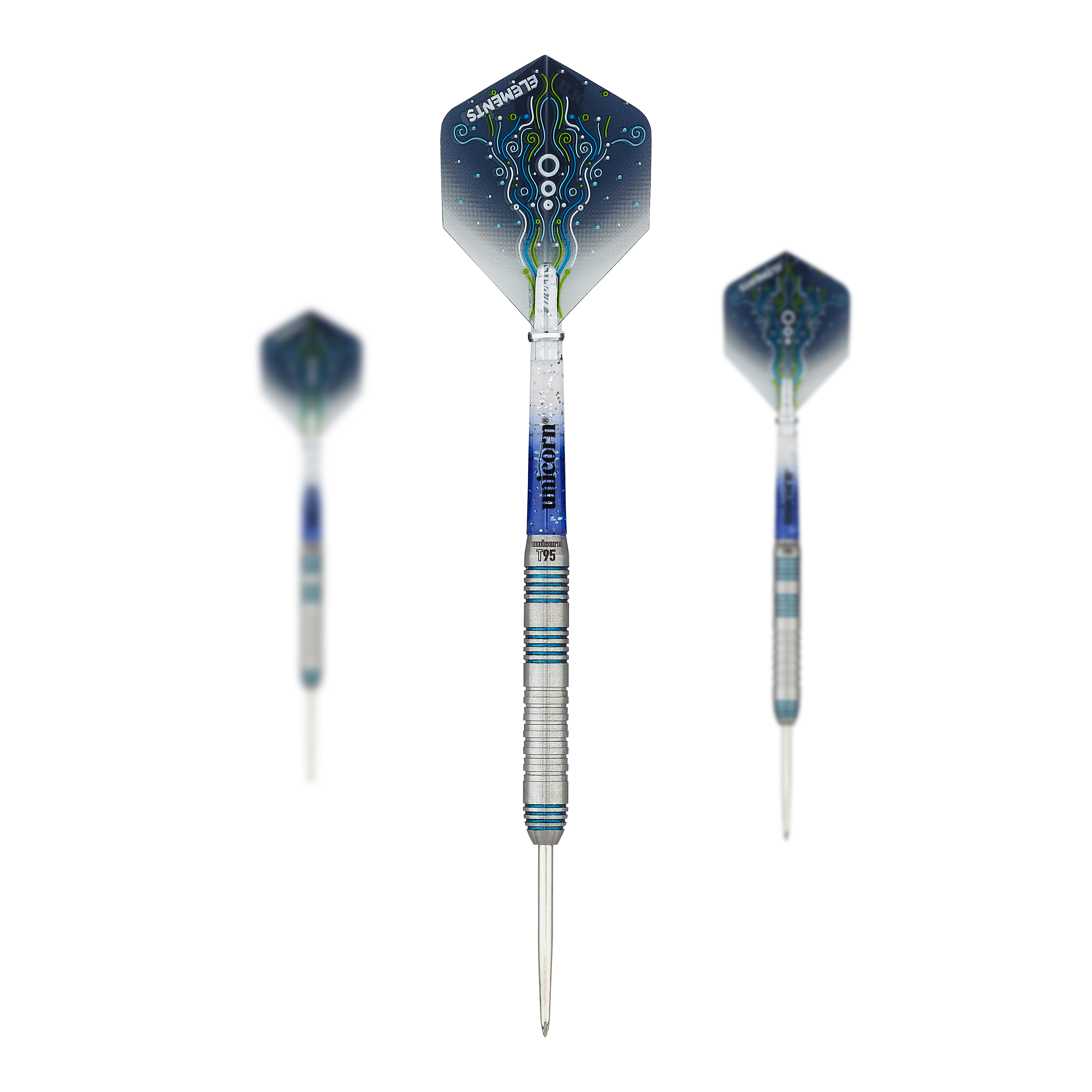 Das Bild zeigt den Unicorn T95 Core XL Blue Style 2 Steeldart mit einem Gewicht von 23g. Der Dart hat ein silber-blaues Design und ein modernes, grafisches Muster auf den Flights.