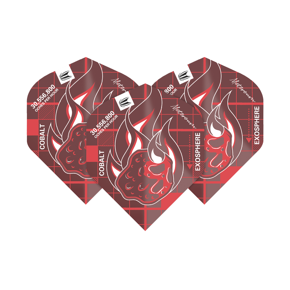 Das Bild zeigt drei rote Dart-Flights mit einem Flammen-Design und technischen Details. Das Produkt heißt "Target Blueprint Pro Red No2 Standard Flights".