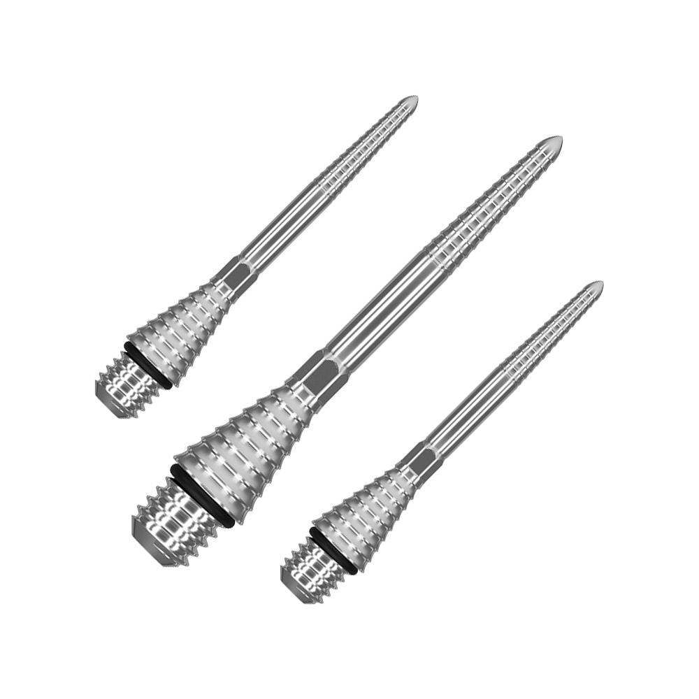 380181_Target_Titanium_Swiss_Point_Grooved_Conversion_Points_Silber_30mm_1fITPcwMYQVqcF Das Bild zeigt drei silberne, geriffelte Konversionsspitzen aus Titan. Sie sind spitz zulaufend und besitzen ein Schraubgewinde am unteren Ende.