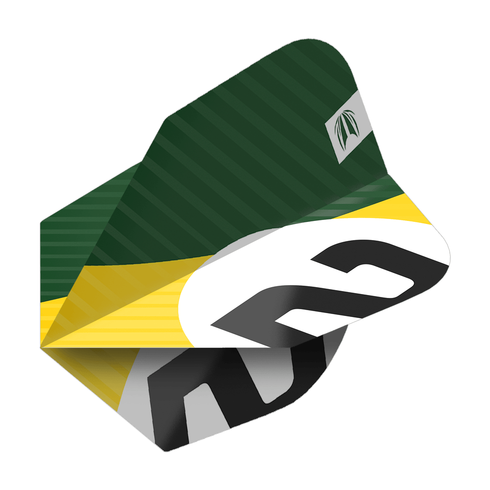 Das Bild zeigt ein Dartflight mit einem grünen, gelben und weißen Design sowie der Nummer 6. Es handelt sich um das Produkt "Target Pro Ultra Chicane Green No6 Flights - 3 Sets".