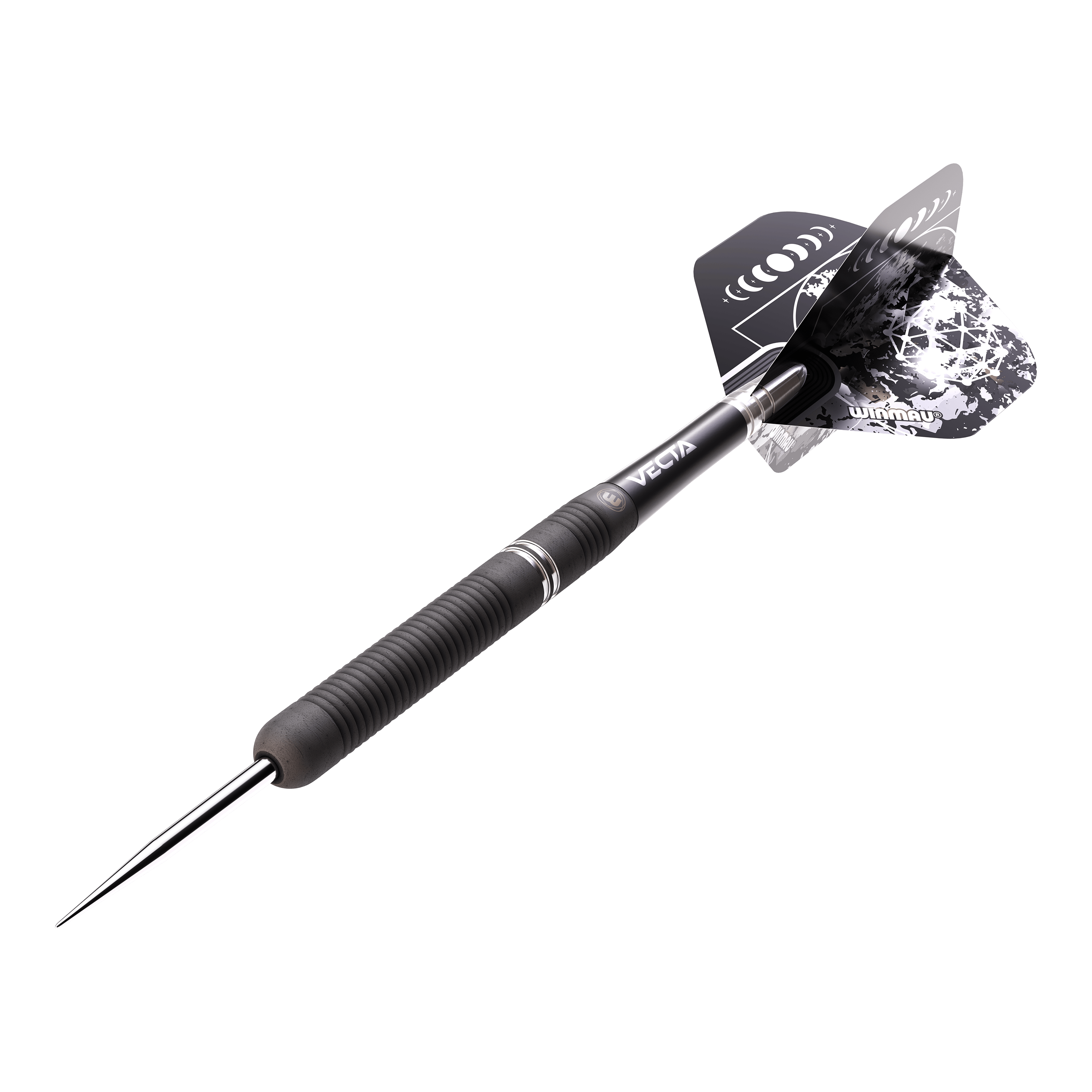 Winmau Callisto 01 Steeldarts Das Bild zeigt einen Winmau Callisto 01 Steeldart. Der Dartpfeil hat ein schwarzes, geriffeltes Griffstück und schwarze Flights mit weißem Muster.