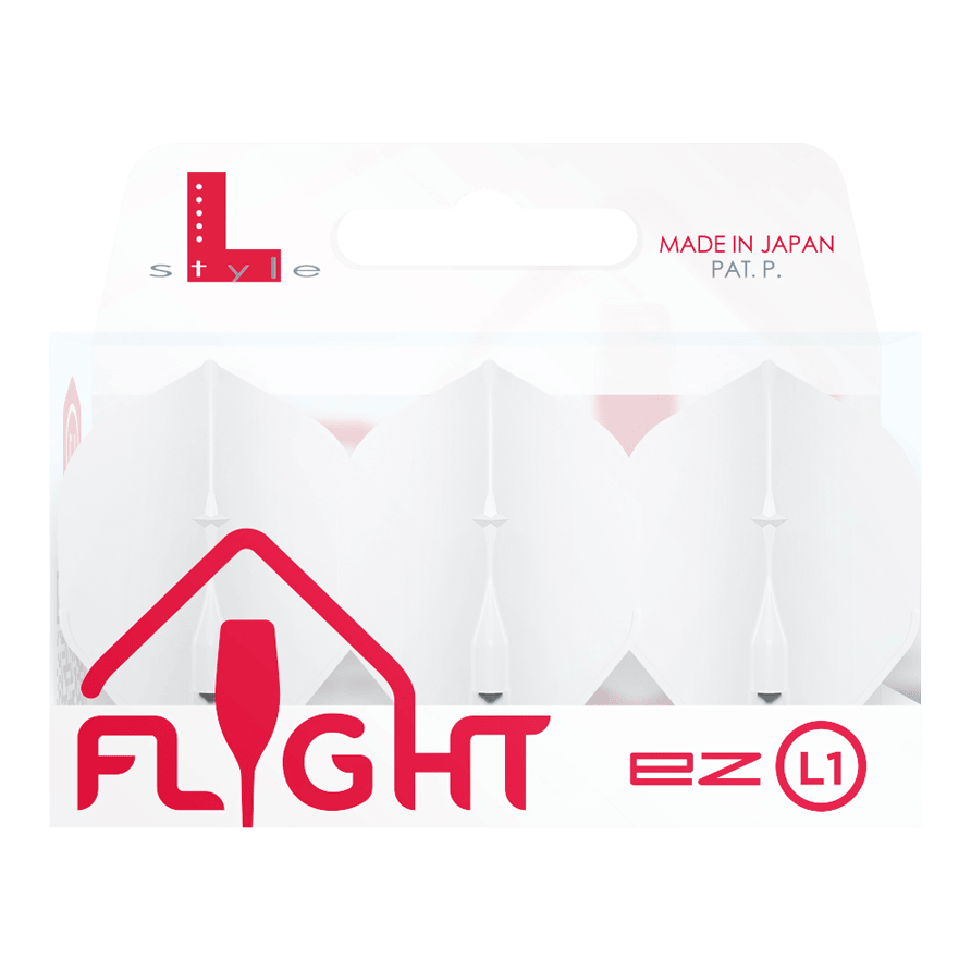 Die Abbildung zeigt eine Packung der "L-Style Champagne L1EZ Standard Flights". Die Flights sind weiß und werden in Japan hergestellt.