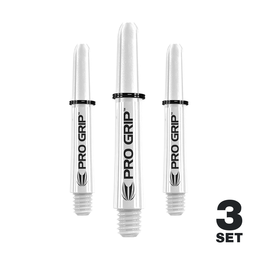 Auf dem Bild sind drei weiße Pro Grip Shafts für Dartpfeile zu sehen. Unten rechts befindet sich die Aufschrift "3 SET".