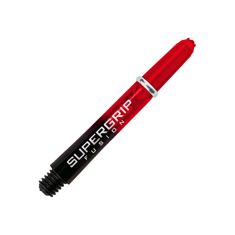 Das Bild zeigt einen Harrows Supergrip Fusion Shaft in der Farbe Rot. Auf dem Schaft steht der Schriftzug "SUPERGRIP FUSION".