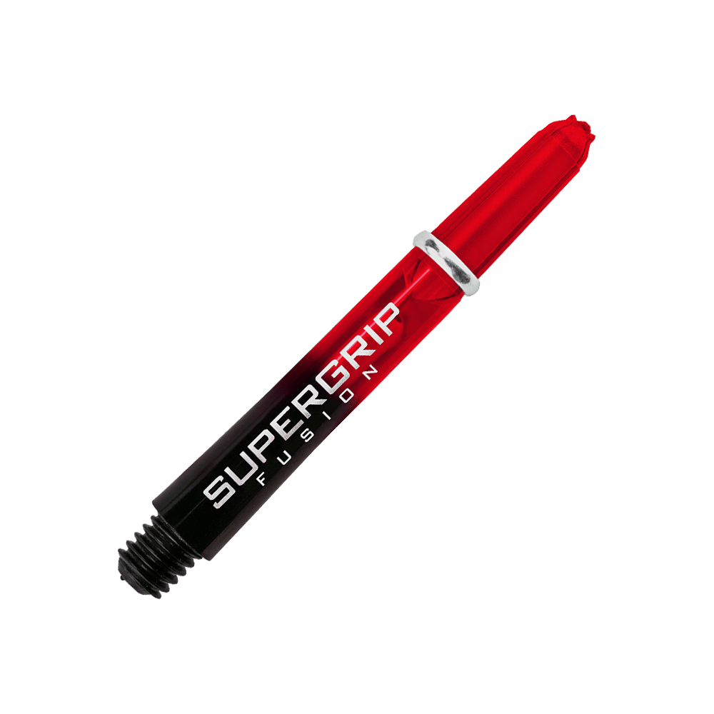 HR342_Harrows_Supergrip_Fusion_Shafts_Rot_33mm_2o9uWbvk9KPr7Y Das Bild zeigt einen Harrows Supergrip Fusion Shaft in der Farbe Rot. Auf dem Schaft steht der Schriftzug "SUPERGRIP FUSION".