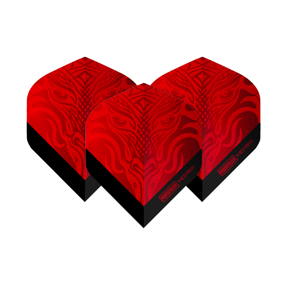 Pentathlon HD150 Metallic Rot Standard Flights Das Bild zeigt drei rote Dart-Flights mit einem auffälligen, metallischen Muster. Auf den Flights steht "Pentathlon HD150" in schwarzer Schrift.