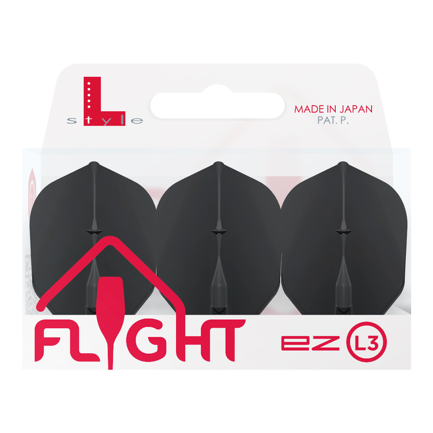 Auf dem Bild ist eine Packung mit drei schwarzen Dartflights der Marke L-Style zu sehen. Die Verpackung trägt die Aufschrift „MADE IN JAPAN“ und „FLIGHT ez L3“.