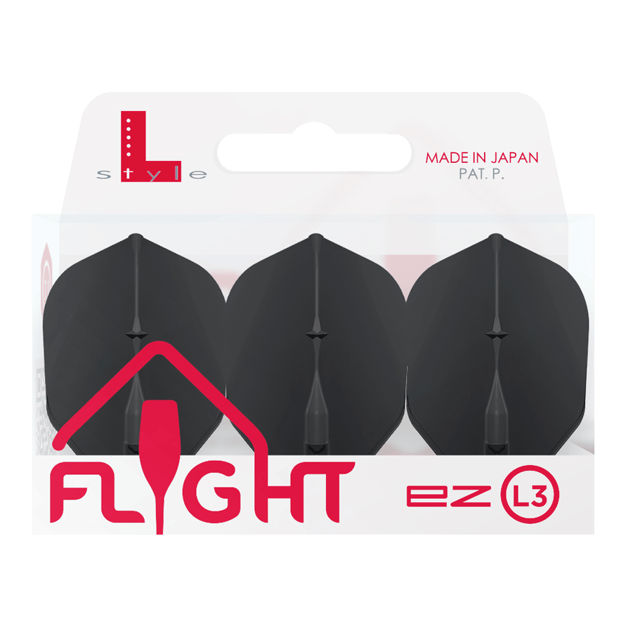 L-Style L3EZ Flights Auf dem Bild ist eine Packung mit drei schwarzen Dartflights der Marke L-Style zu sehen. Die Verpackung trägt die Aufschrift „MADE IN JAPAN“ und „FLIGHT ez L3“.