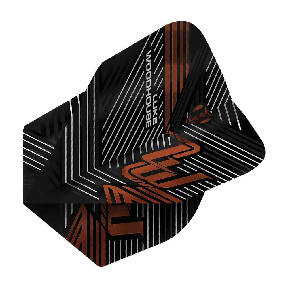 Harrows Luke Woodhouse Series 2 Flights Das Bild zeigt die Harrows Luke Woodhouse Series 2 Flights. Die Flights sind schwarz mit weißen und orangefarbenen Linien sowie dem Namen "Luke Woodhouse" darauf.