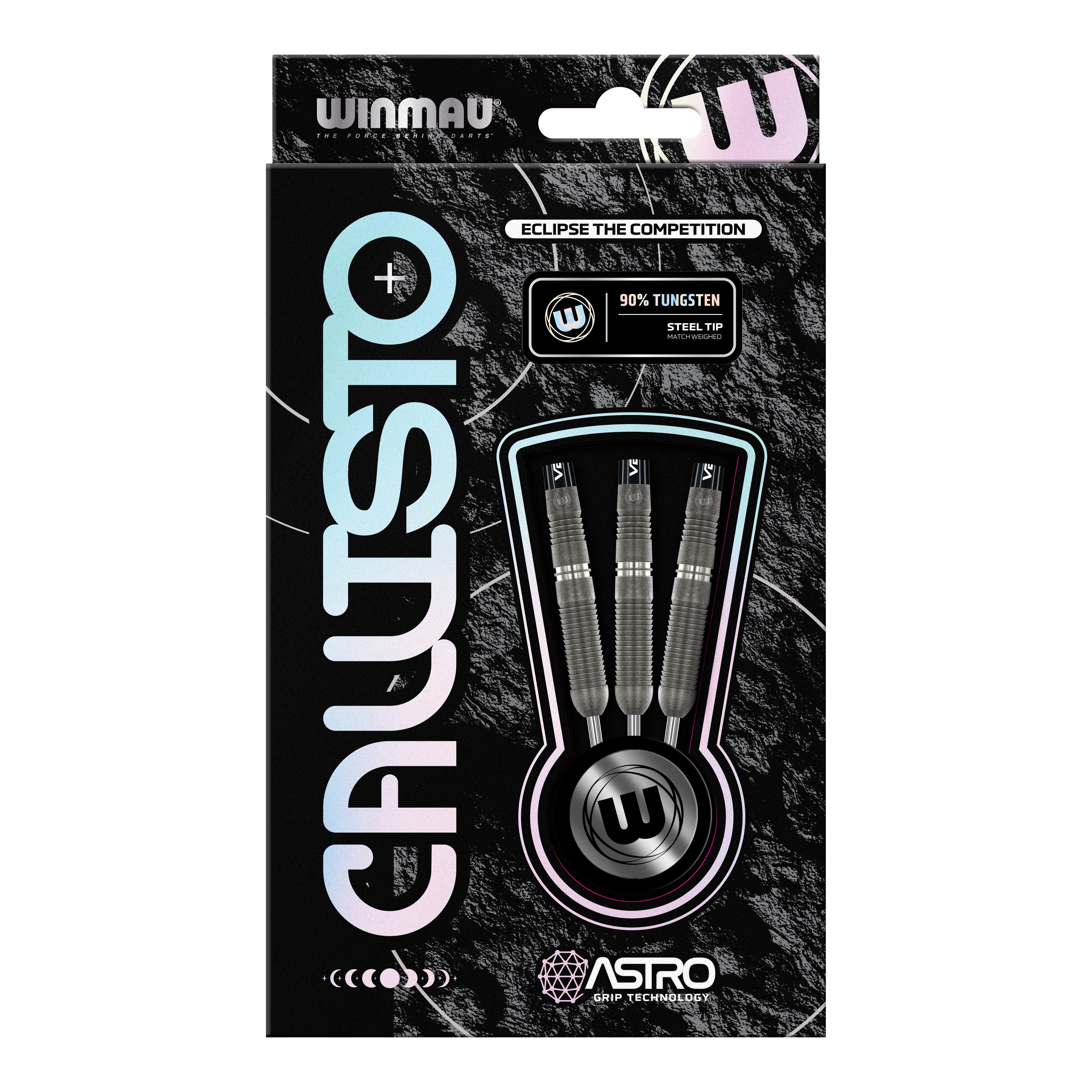 Winmau Callisto 03 Steeldarts Das Bild zeigt eine Verpackung der "Winmau Callisto 03 Steeldarts". Drei Steeldarts mit 90% Tungsten und Astro Grip Technologie sind sichtbar durch ein Sichtfenster präsentiert.